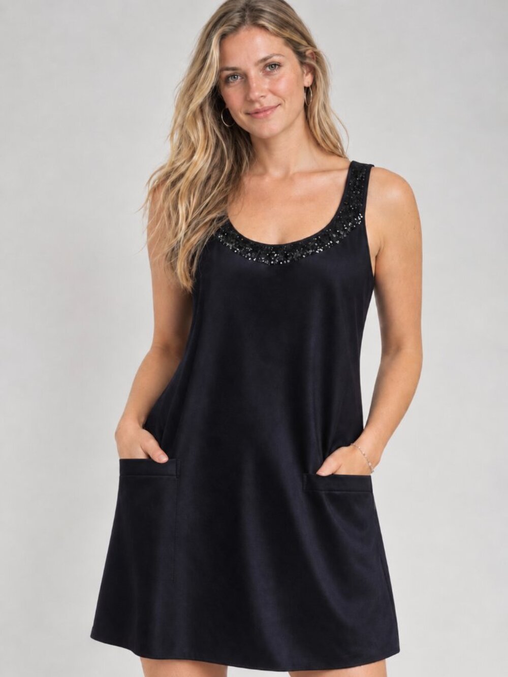Charlotte Ronson Black Wool Blend Shift Dress with Sequin Trim & Pockets NWT